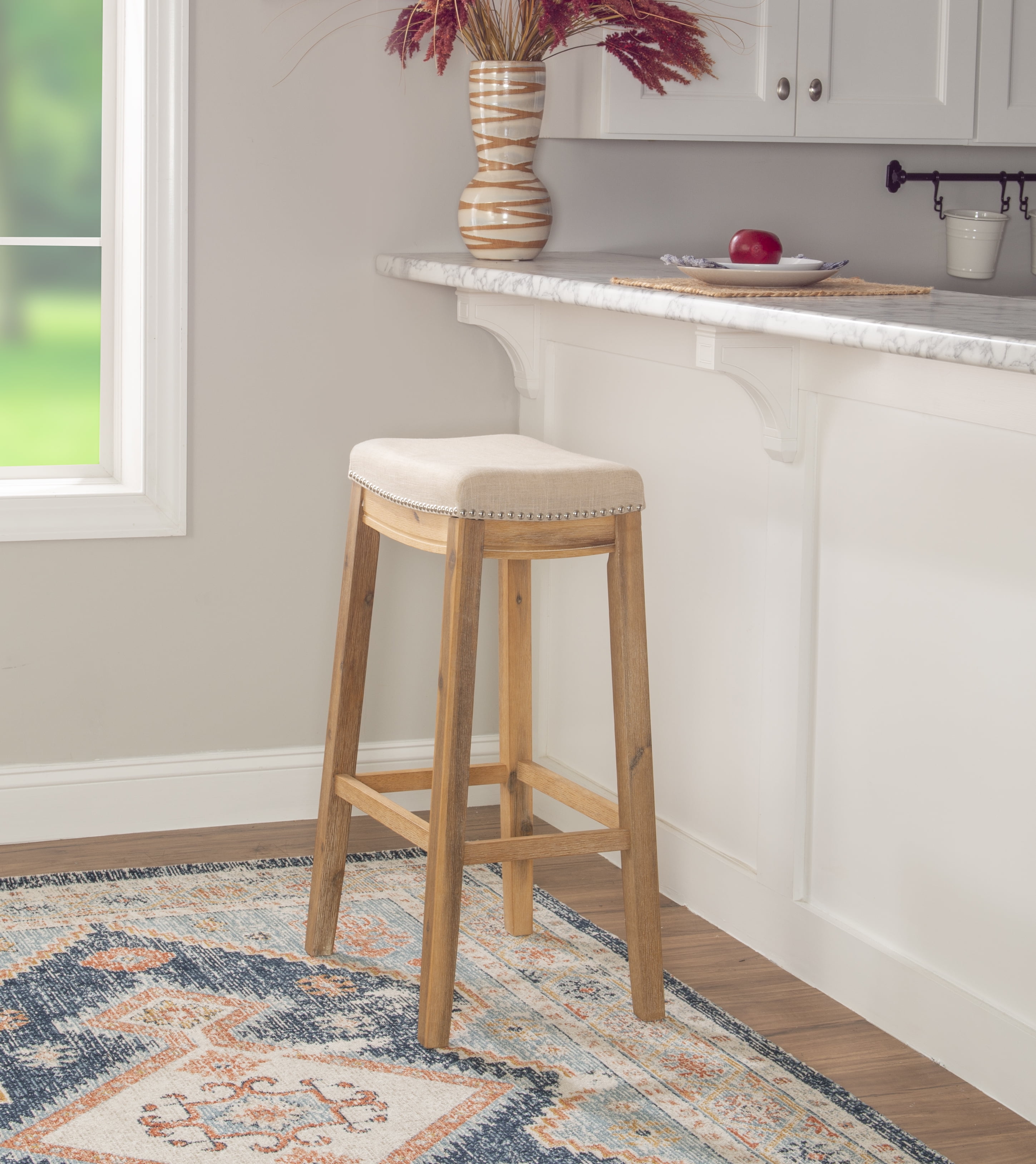 Linon Claridge 32 Backless Wood Bar Stool, Rich Brown with Natural Linen  Fabric, Includes 1 Stool