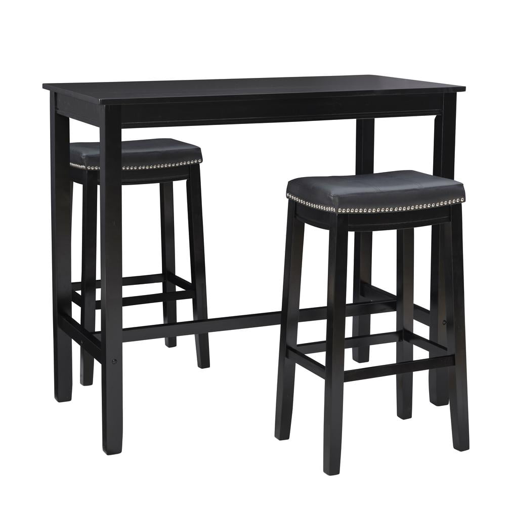 Black Rubberwood Pub Table Set with Faux Leather Stools