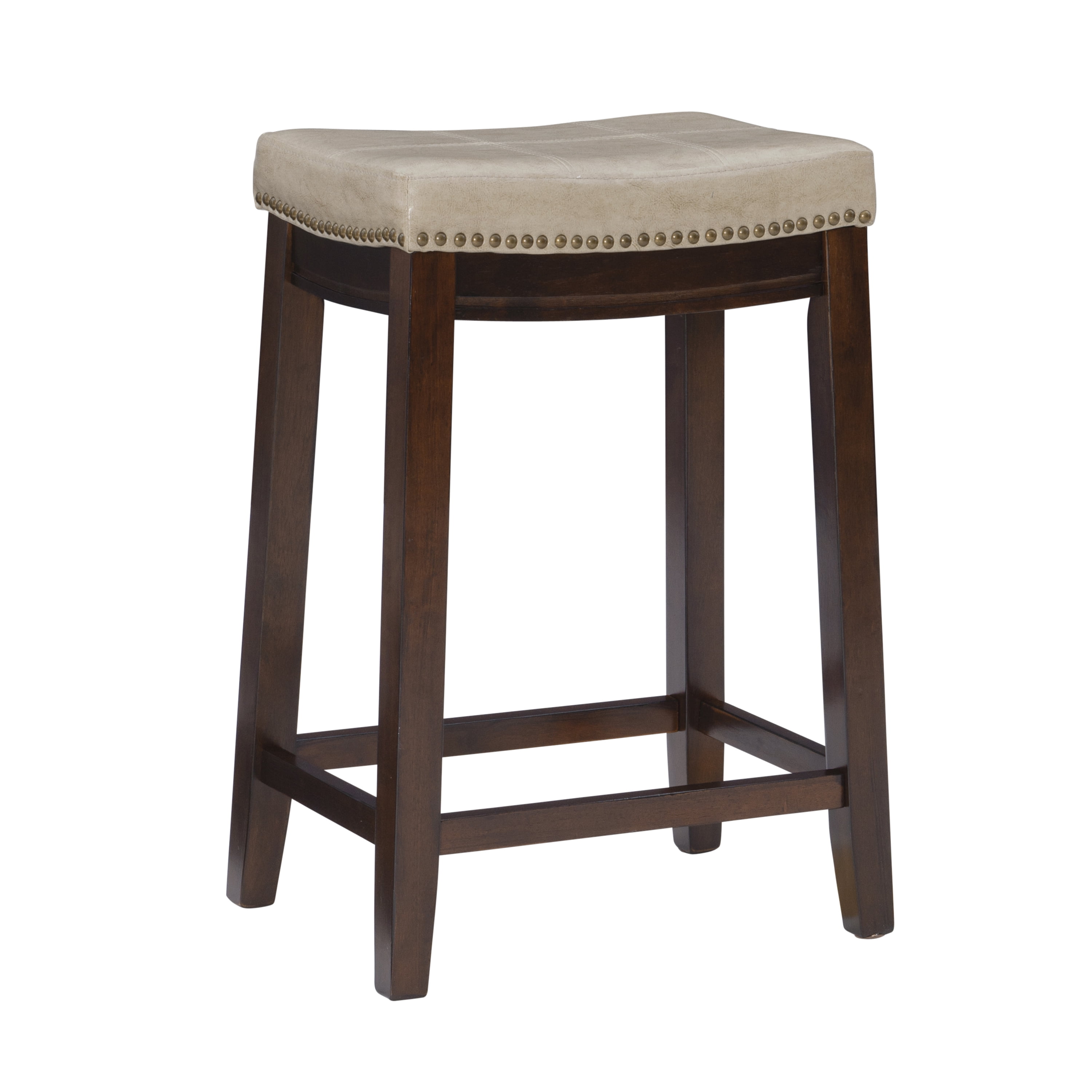 Beige Faux Leather Saddle Counter Stool with Wood Frame