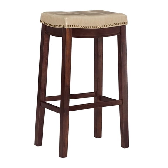 Linon Claridge Backless Wood Bar Stool, 32" Seat Height, Dark Brown Finish with Beige Fauz Leather Fabric