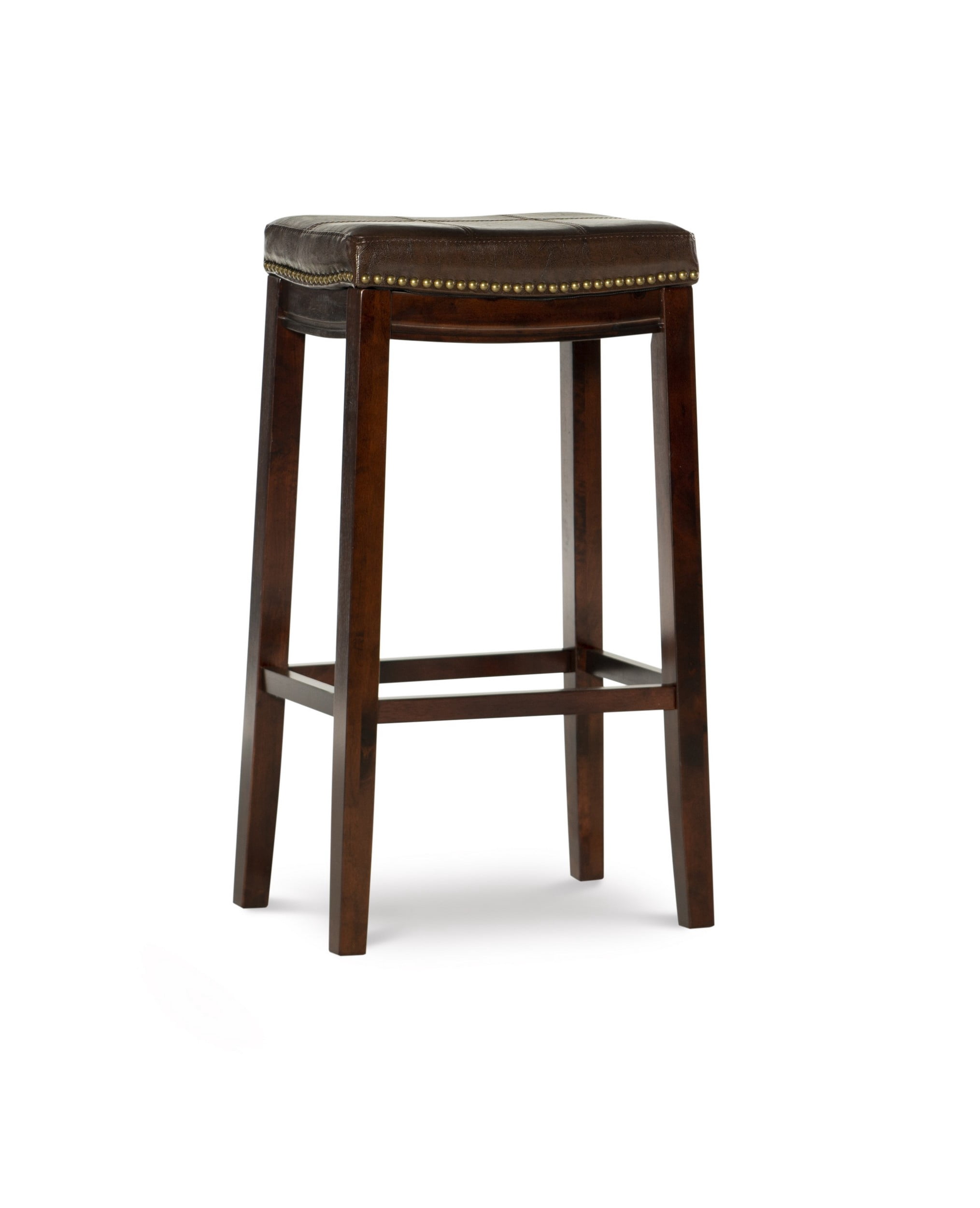 Linon Claridge Backless Wood Bar Stool, 32" Seat Height, Dark Brown Finish with Brown Faux Leather Fabric