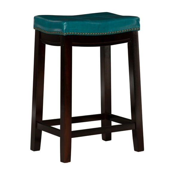 Linon Claridge Backless Wood Counter Stool, 26.5" Seat Height, Dark Brown Finish with Blue Faux Leather Fabric