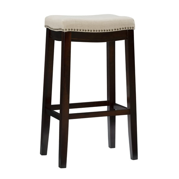 Linon Claridge Backless Wood Bar Stool, 32.25" Seat Height, Dark Walnut Finish with Beige Linen Fabric