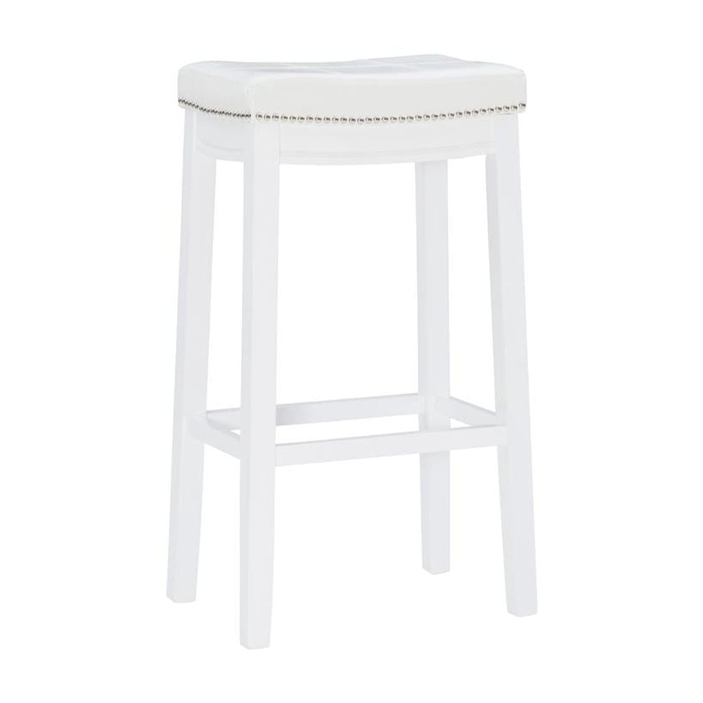Claridge 32" White Faux Leather and Wood Saddle Barstool with Silver Nailheads