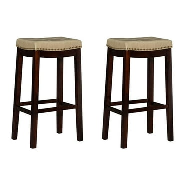 Linon Claridge Wood Set of 2 Bar Stools Beige Faux Leather Seats in Brown Finish