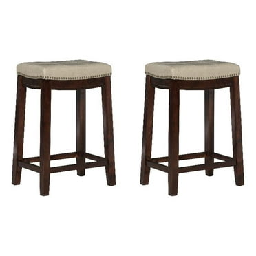 Linon Claridge Wood Set of 2 Counter Stools Beige Faux Leather Seats in Dk Brown