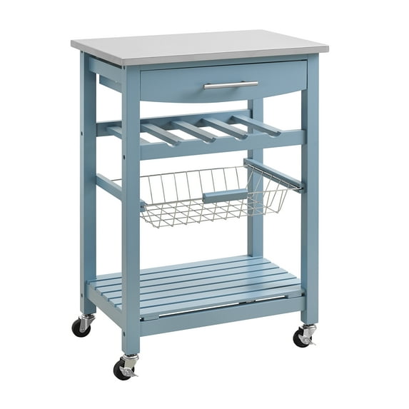 Linon Clarke 4-Tier Mobile Serving Cart with Stainless Steel Top, 22.75" Length, Blue