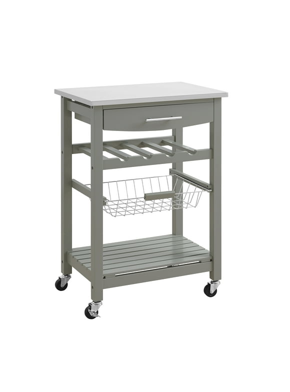Linon Clarke 4-Tier Mobile Serving Cart with Stainless Steel Top, 22.75" Length, Gray