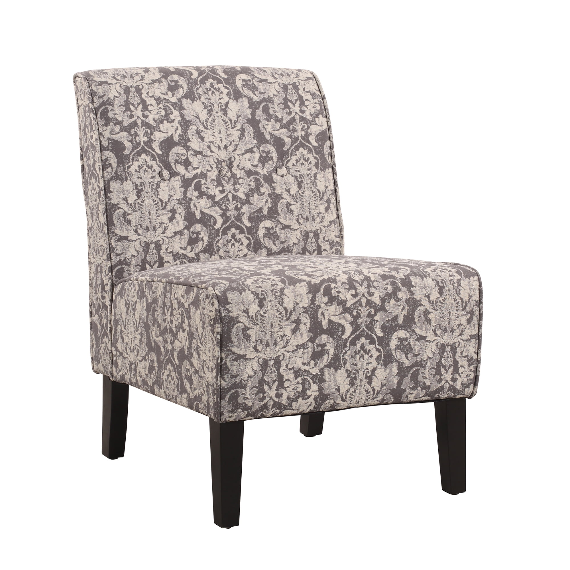 Elegant Gray Damask Slipper Chair with Sturdy Wood Frame
