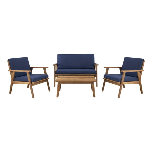 Linon Cole Outdoor Chat 4-Piece Seating Set, Brown Finish with Blue Fabric