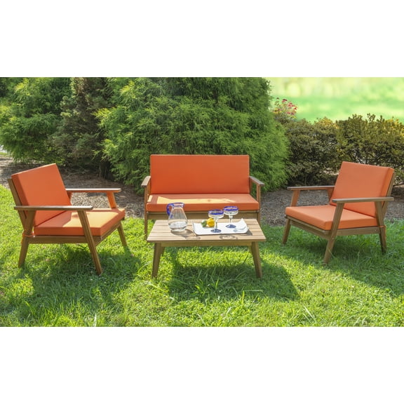 Linon Cole Outdoor Chat 4-Piece Seating Set, Brown Finish with Orange Fabric