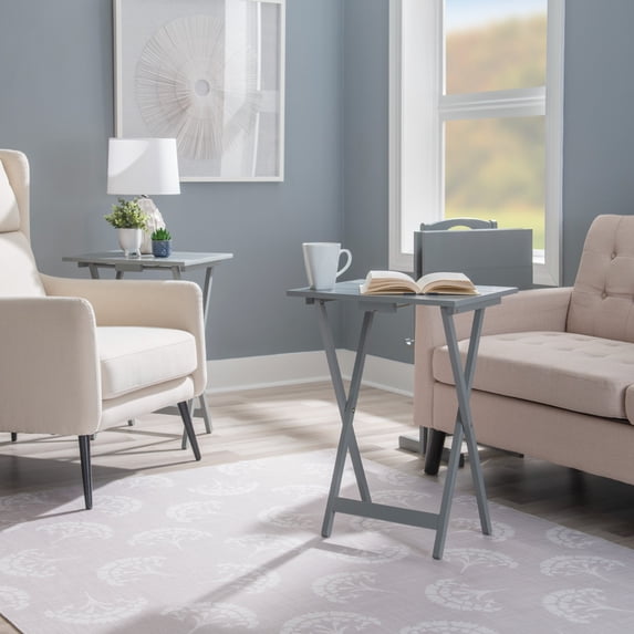 Contemporary Home Living 4-Piece Planked Top Folding Tray Table Set - 26.5" - Gray