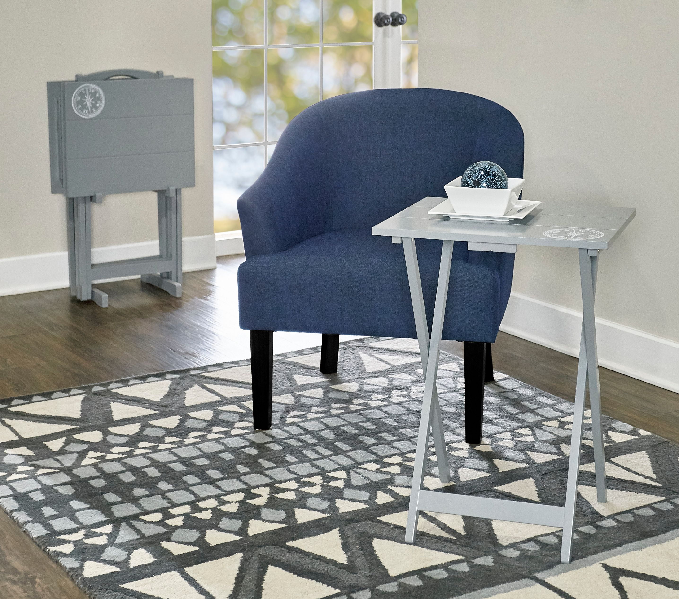 Modern Compass-Inspired Dark Gray Wood TV Tray Table Set
