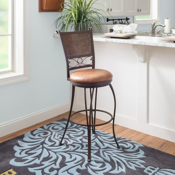 Linon Copper Stamped Back Swivel Faux Leather Bar Stool in Bronze Steel Frame