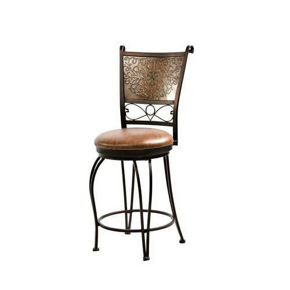 Linon Big & Tall 24" Indoor High Back Copper Stamped Round Metal Counter Stool, Bronze/Warm Rust Faux Leather