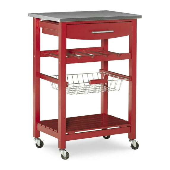 Linon Corbari 4-Tier Mobile Serving Cart with Stainless Steel Top, 22.75" Length, Red