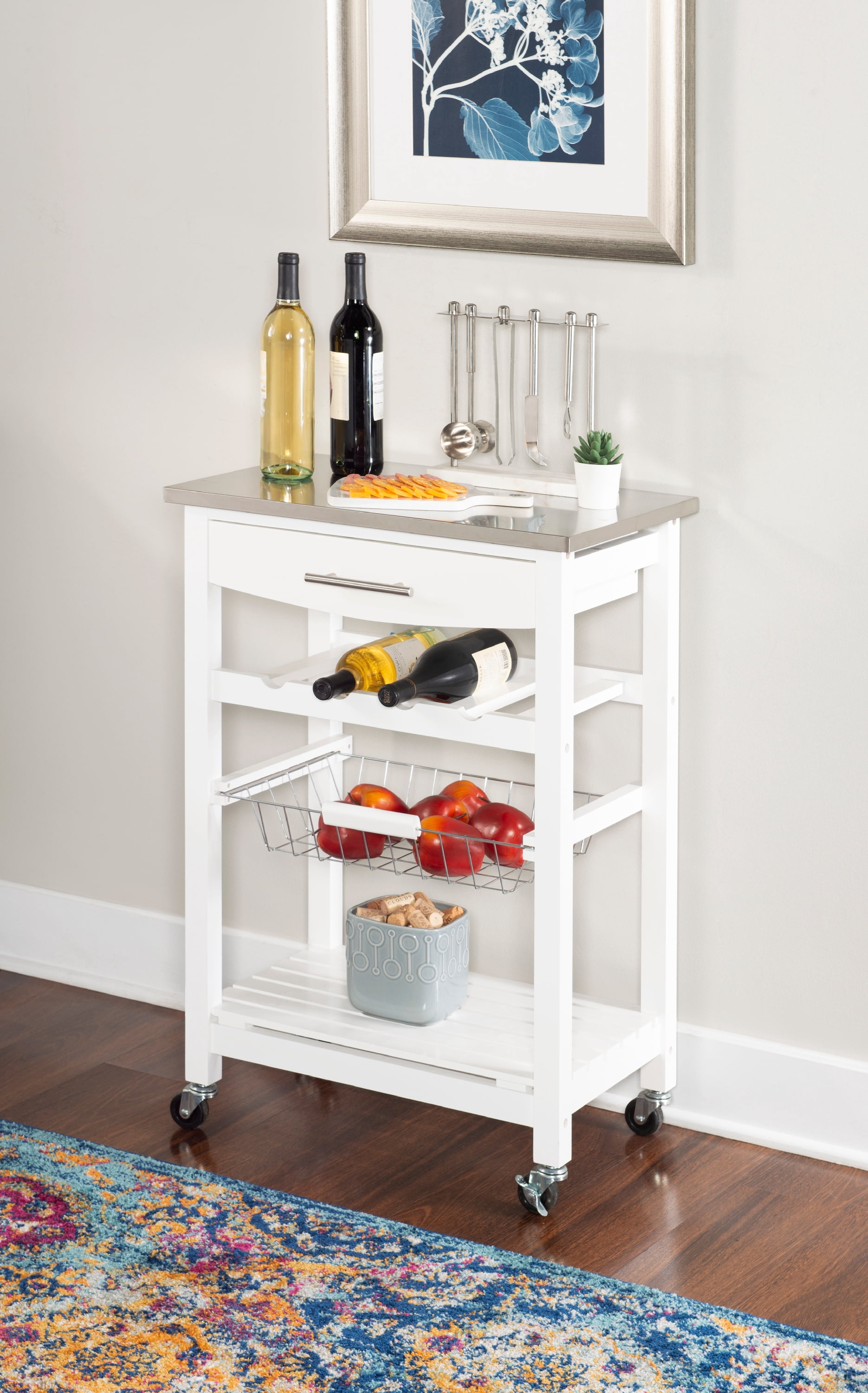Linon Corbari 4-Tier Mobile Serving Cart with Stainless Steel Top, 22.75" Length, White