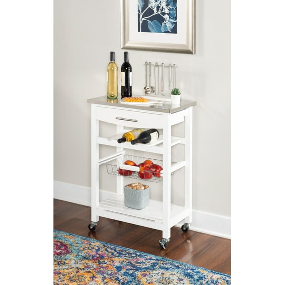 Linon Corbari 4-Tier Mobile Serving Cart with Stainless Steel Top, 22.75" Length, White