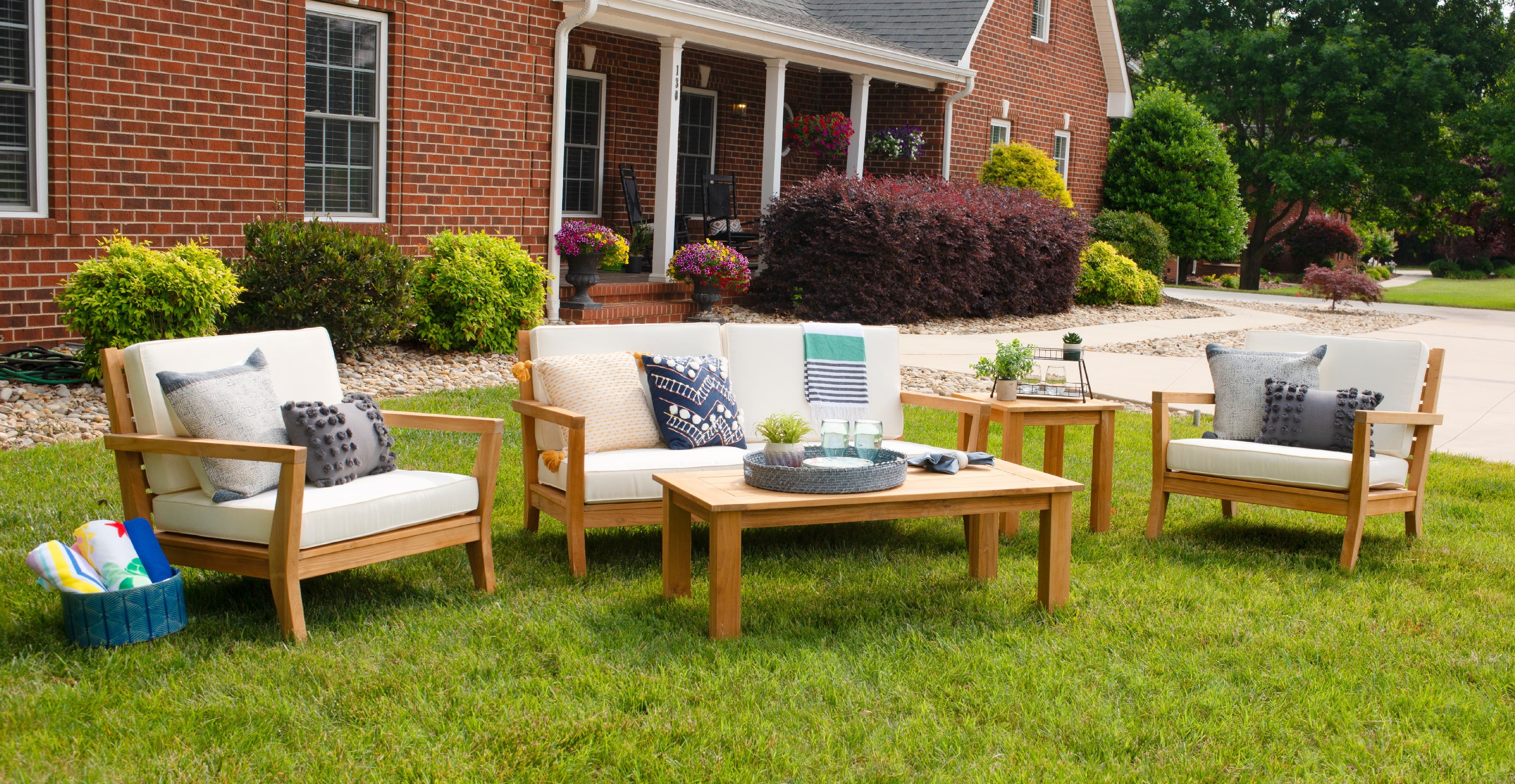 Linon Cormeer 5-Piece Outdoor Patio Furniture Set, Natural/Antique White