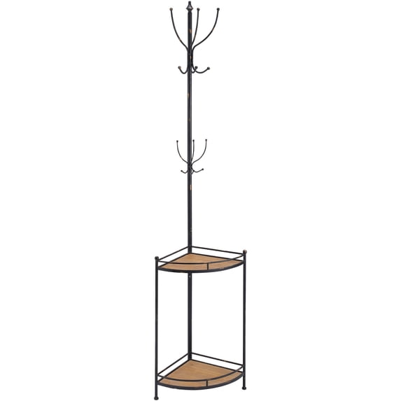 Linon Corner Metal and Wood Coat Rack, 12 Hooks, 2 Shelves