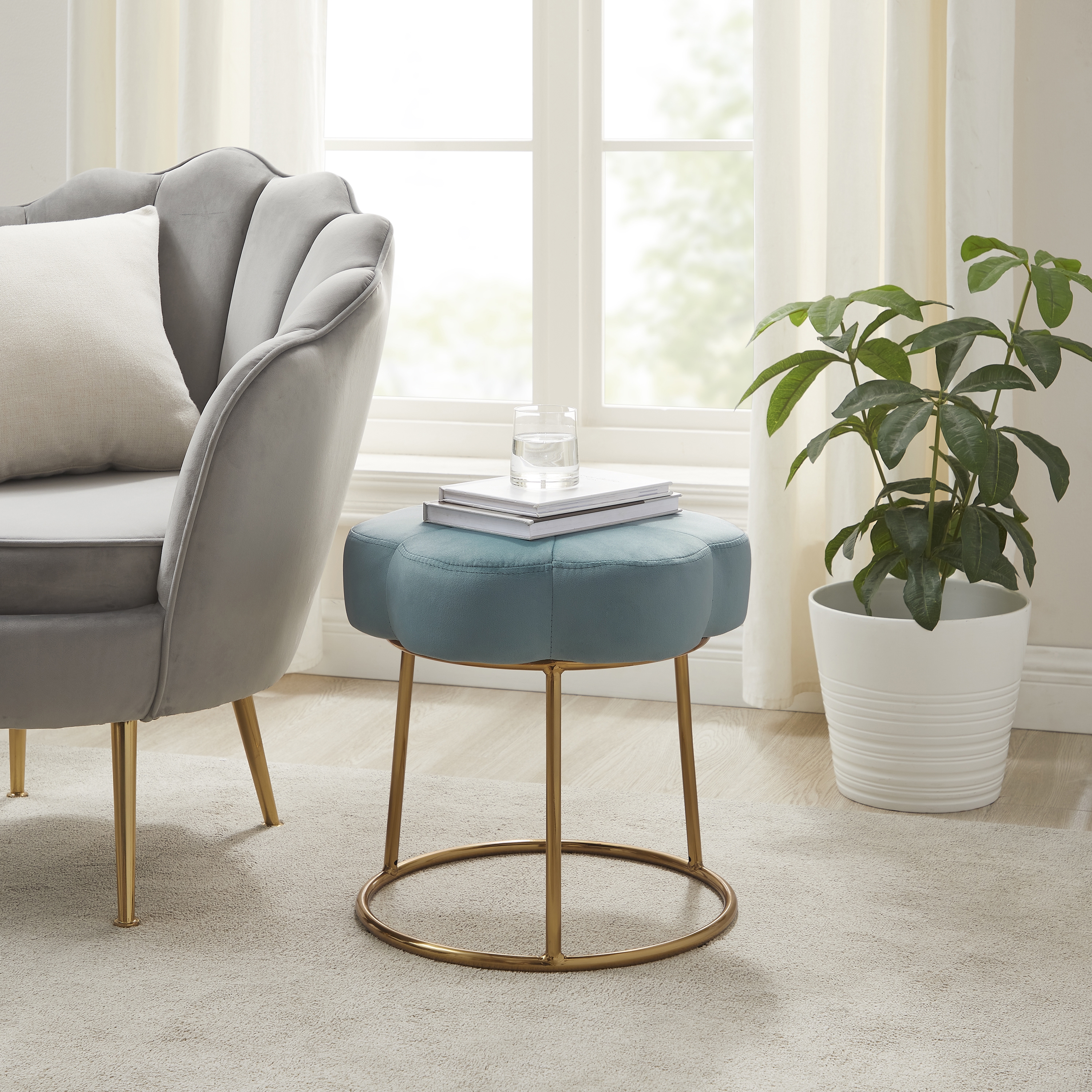 Linon Coston Vanity Stool, Gold Frame with Teal Velvet