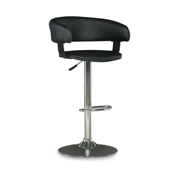Linon Curved Low Back Indoor Round Metal Pedestal Bar Stool with Adjustable Height and Swivel, Chrome/Black Faux Leather