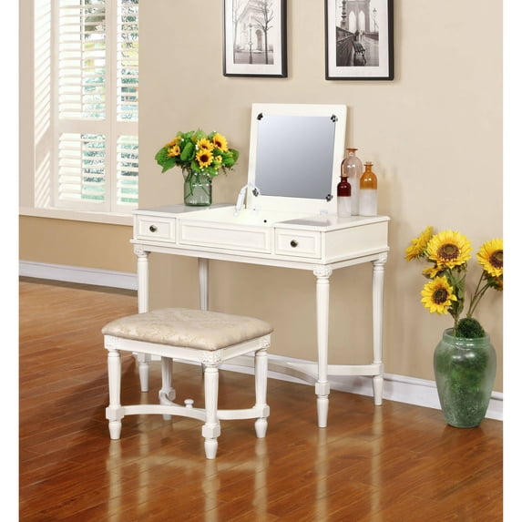 Linon Cyndi Vanity Set with Mirror and Bench, White, 17.5 inch Seat Height