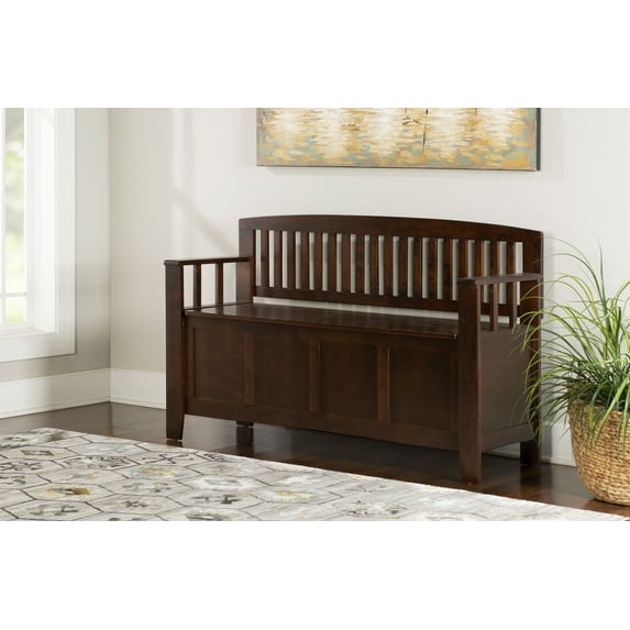 Linon Cynthia Slat Back Wood Bench with Flip Top Storage, 50"L x 17"D x 32"H, Walnut Brown