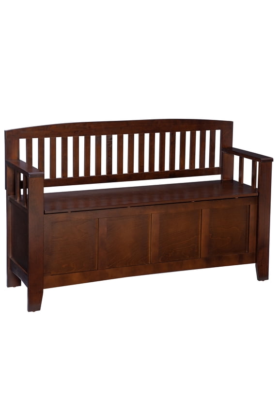 Cynthia Slat Back Wood Bench with Flip Top Storage, 50"L x 17.25"D x 32"H, Walnut Brown
