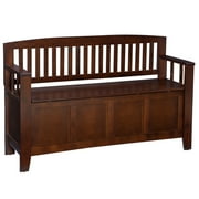 Linon Cynthia Wood Storage Bench FlipTop Slat Back & Side in Walnut Brown Finish