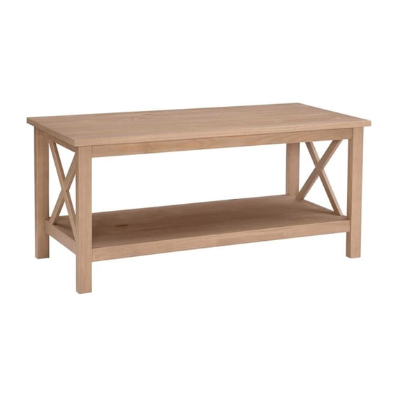 Linon Dalton Pine Coffee Table X Design on Sides Lower Shelf in Driftwood Finish