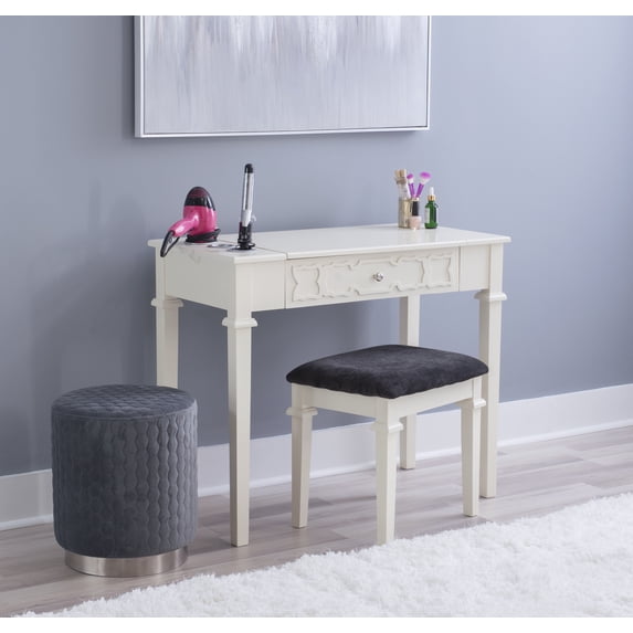 Linon Eakins 3-Piece Vanity Desk, Mirror and Bench Set, White Finish with Black Velvet Fabric