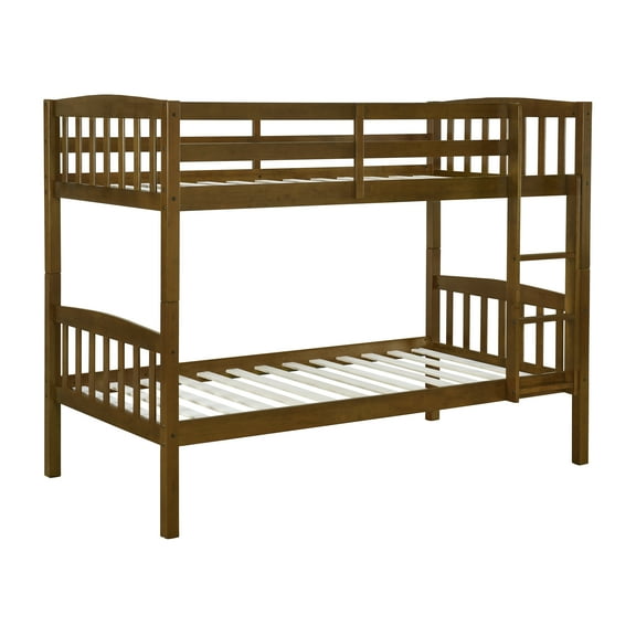 Linon Elinda Wood Twin over Twin Bunk Bed with Built-In Ladder, Oak