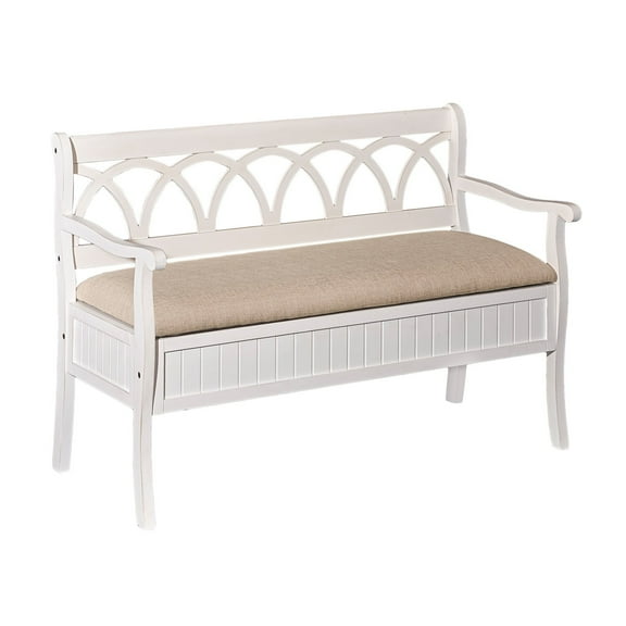 Linon Elliana Storage Bench Beige Padded Seat Cutout Back Design in White Wood