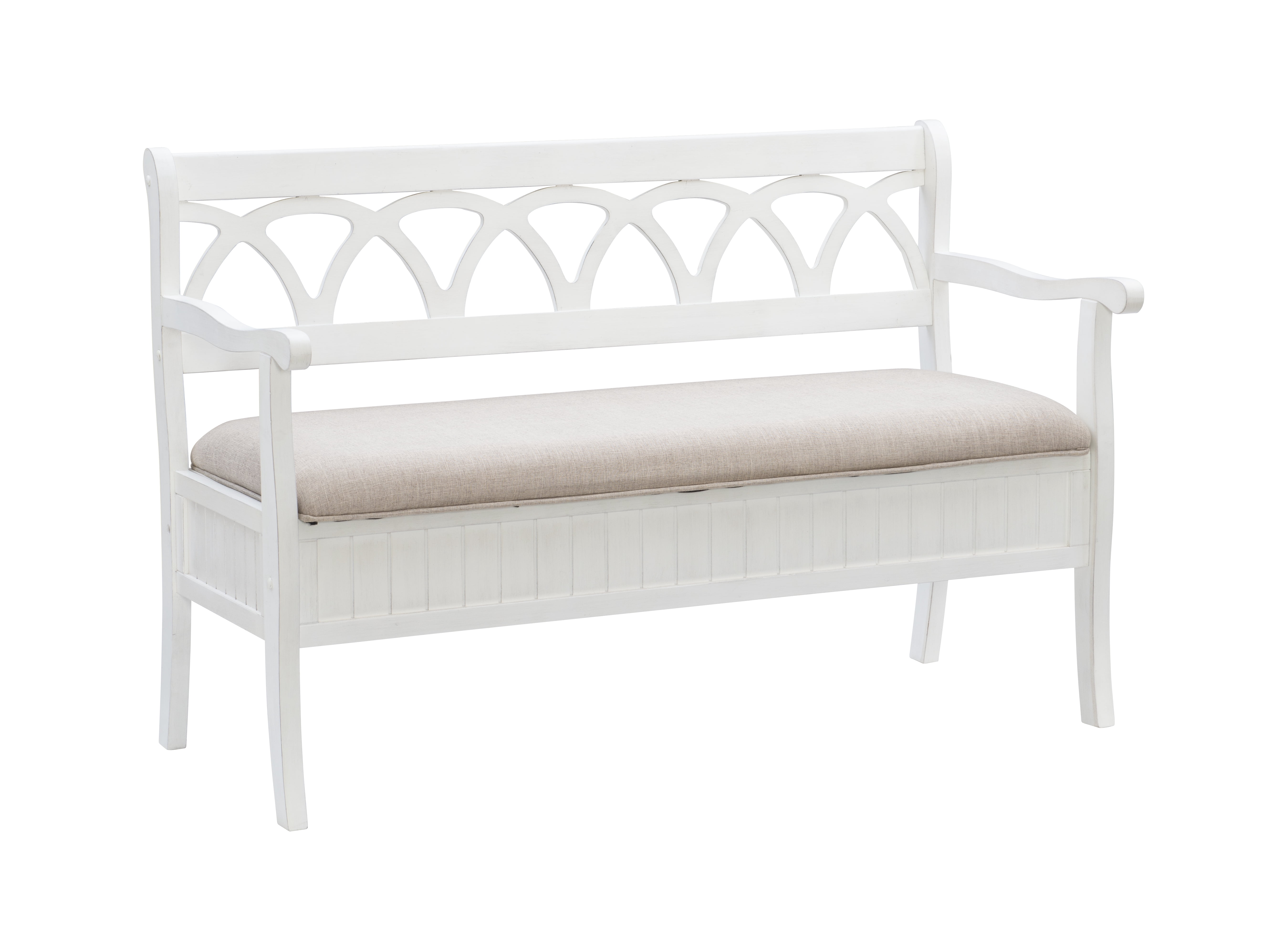 Linon Elliana Storage Bench Beige Padded Seat Cutout Back Design in White Wood