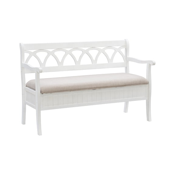 Linon Elliana Storage Bench Beige Padded Seat Cutout Back Design in White Wood