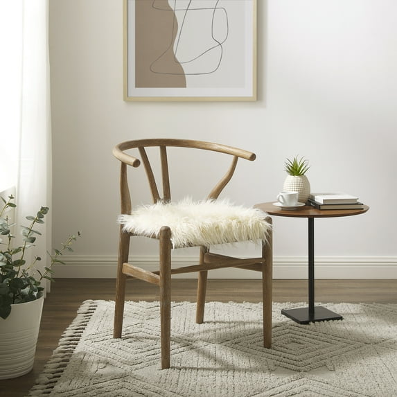 Linon Ellis Wishbone Accent Chair with White Faux Fur Seat, Graywashed Oak