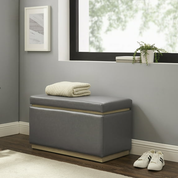 Linon Elta Rectangle Storage Ottoman, Gray Faux Leather