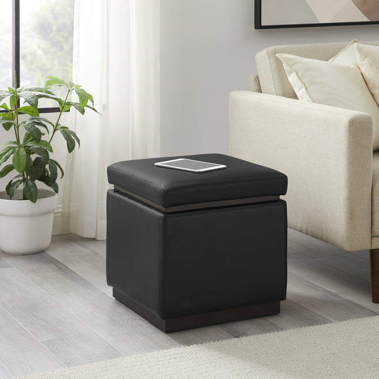 Linon Elta Square Storage Ottoman Black Faux Leather