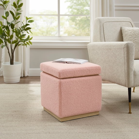 Linon Elta Square Storage Ottoman, Blush Sherpa