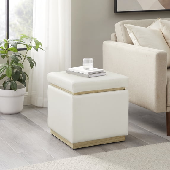 Linon Elta Square Storage Ottoman, White Faux Leather