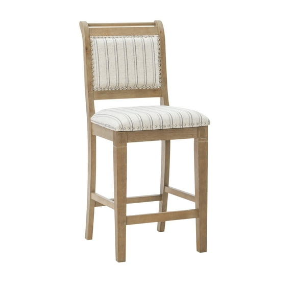 Linon Emmy Full Back Wood Counter Stool, 26" Seat Height, Gray Wash Finish with Stripe Fabric