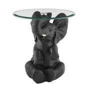 Linon Ernie Elephant Glass Top Accent Table in Dark Gray Resin