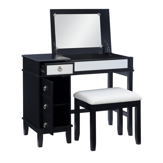 Linon Eva Wood and Mirrored Vanity Set in Black