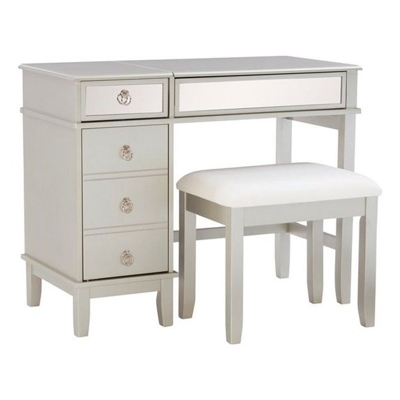 Linon Eva Wood and Mirrored Vanity Set in Silver