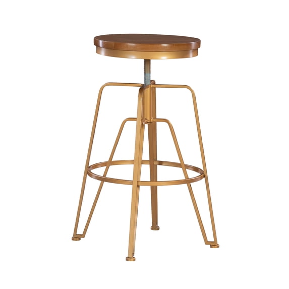 Linon Farhart 25"-29" Adjustable Height Round Backless Swivel Bar Stool, Matte Gold/Aged Walnut