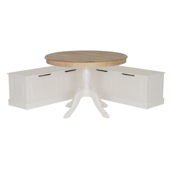 Linon Farmhouse Solid Pine Wood Table and Benches Living Room Set, White