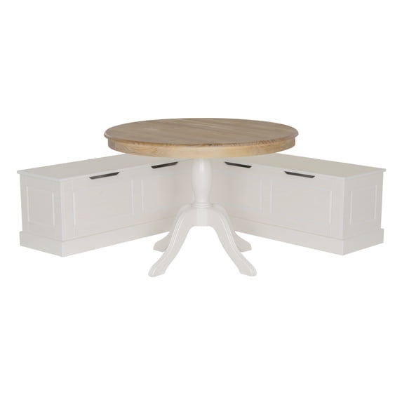 Linon Farmhouse Solid Pine Wood Table and Benches Living Room Set, White
