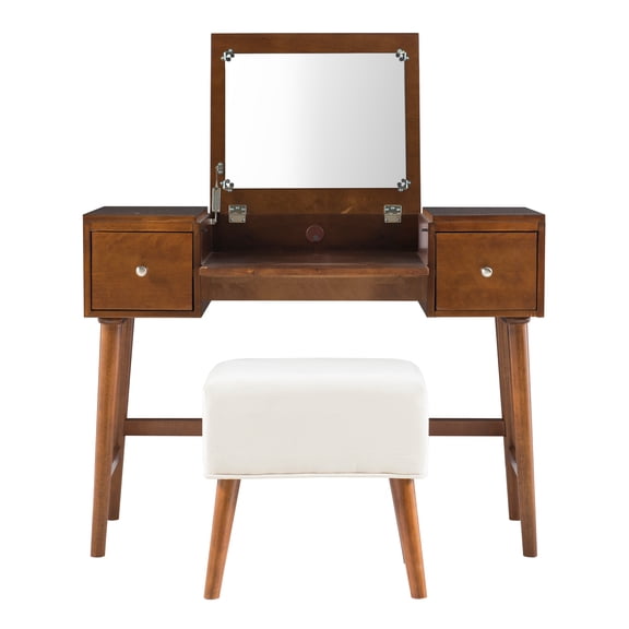 Linon Farrah 2-Piece Vanity Set, Includes Vanity with Flip-Top Mirror, and Bench, Walnut Finish
