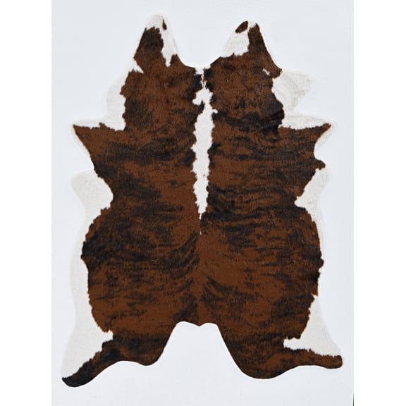 Linon Faux Hide Area Rug Collection, Brown and Ivory Brindle, 3.85' x 5' Cowhide Shape